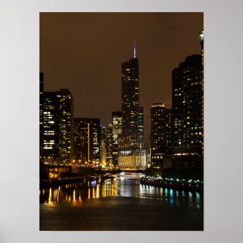 Chicago River Night Storm Poster