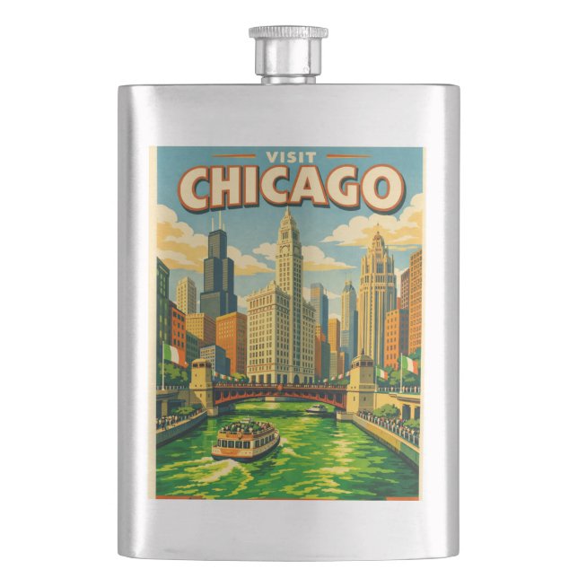 Chicago River Saint Patricks day postcard Flask (Front)