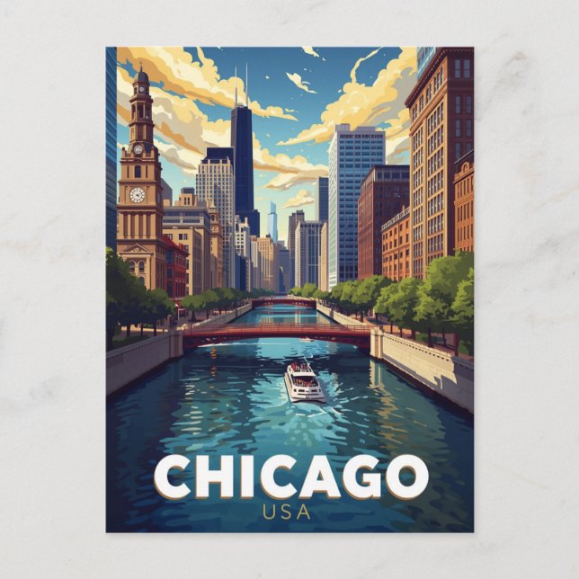 Chicago River Skyline Boat Tour Postcard (Front)