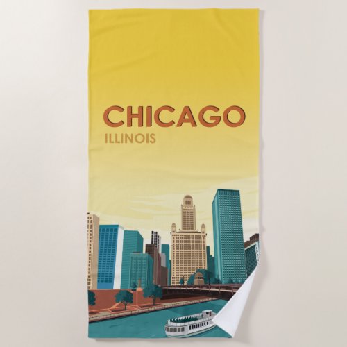 Chicago River Skyline Vintage Travel Beach Towel