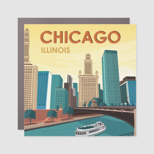 Chicago River Skyline Vintage Travel Car Magnet (Front)