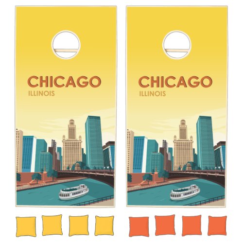Chicago River Skyline Vintage Travel Cornhole Set