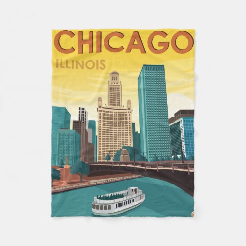 Chicago River Skyline Vintage Travel Fleece Blanket