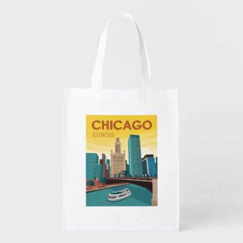 Chicago River Skyline Vintage Travel Grocery Bag