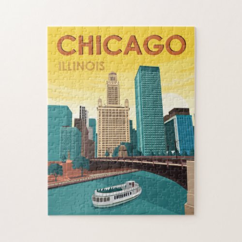 Chicago River Skyline Vintage Travel Jigsaw Puzzle