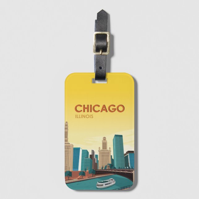 Chicago River Skyline Vintage Travel Luggage Tag (Front Vertical)