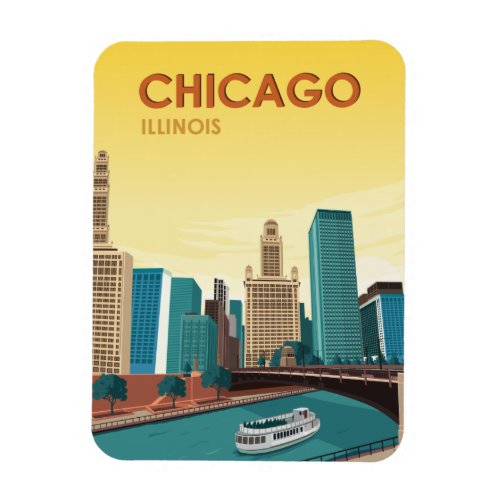 Chicago River Skyline Vintage Travel Magnet