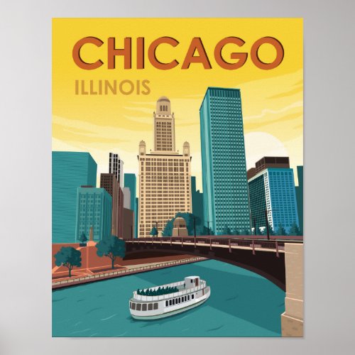 Chicago River Skyline Vintage Travel Poster