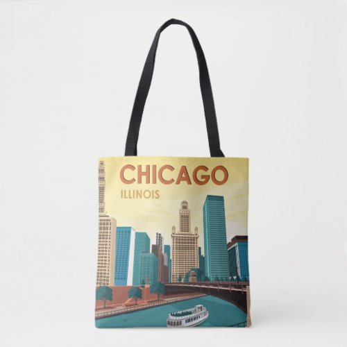 Chicago River Skyline Vintage Travel Tote Bag