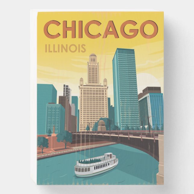 Chicago River Skyline Vintage Travel Wooden Box Sign (Front Vertical)