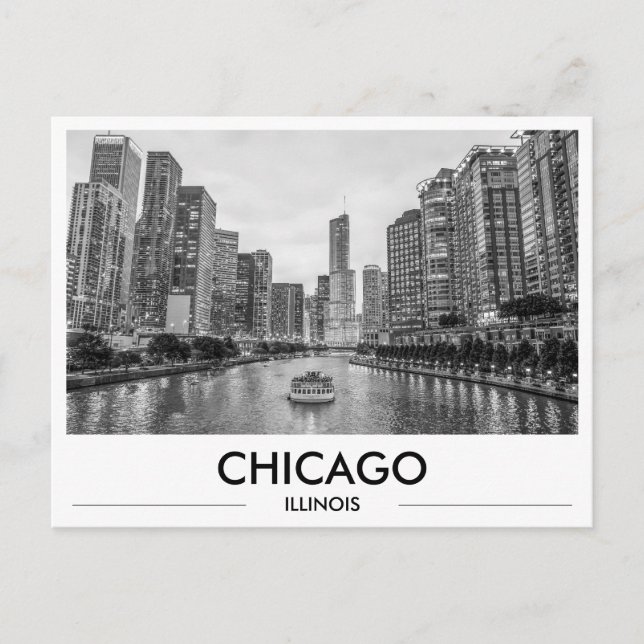 Chicago Riverwalk Black & White Downtown Skyline Postcard (Front)