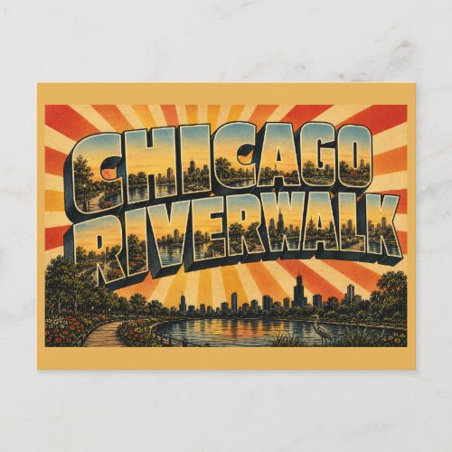 Chicago Riverwalk Illinois Waterfront Pathway Art Postcard