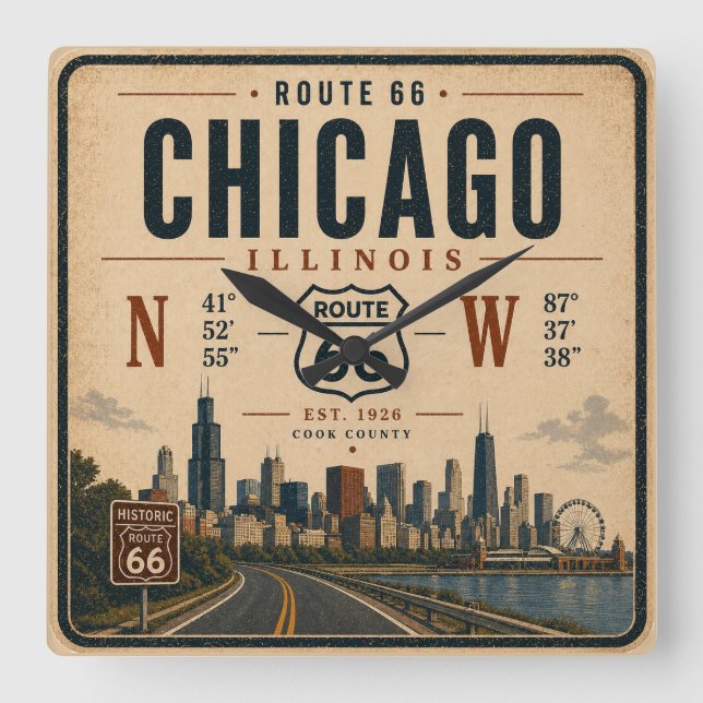 Chicago Route 66 Skyline Coordinates Square Wall Clock (Front)