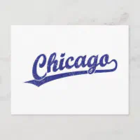 Chicago script logo in blue postcard