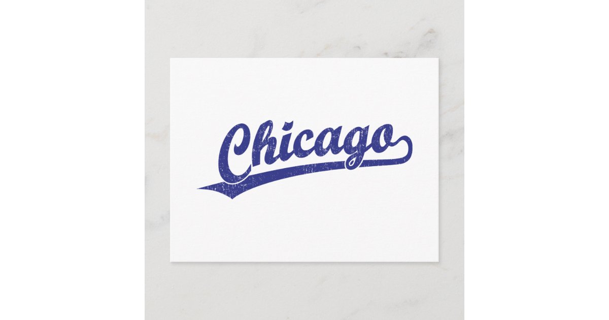 Chicago script logo in blue postcard