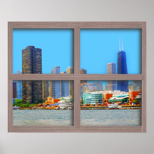 Chicago Skyline 4 Panel Wood Window Poster