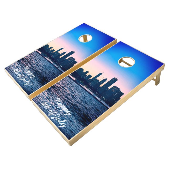 Chicago Skyline, 4th July Cornhole Set (Angled)