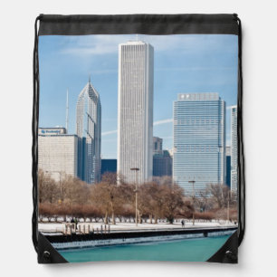 Chicago skyline across frozen Lake Michigan Drawstring Bag