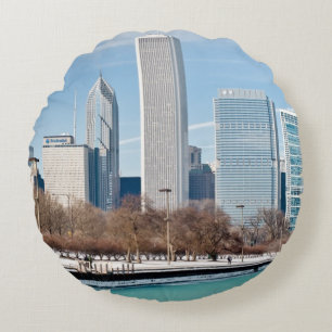 Chicago skyline across frozen Lake Michigan Round Pillow