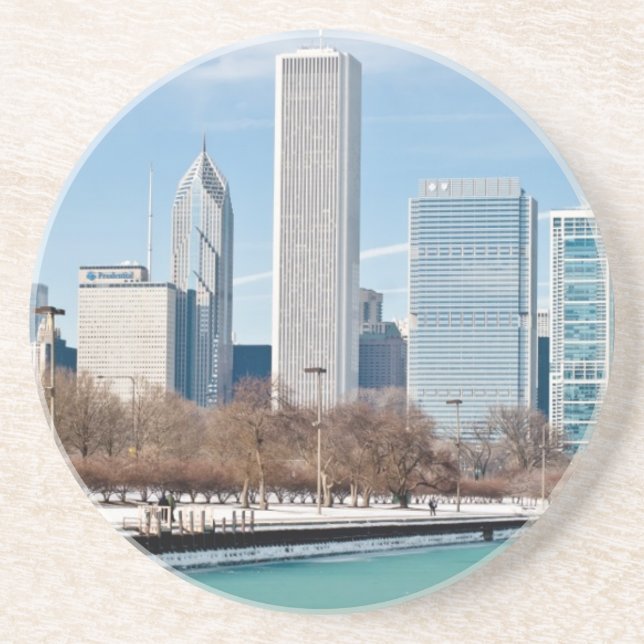 Chicago skyline across frozen Lake Michigan Sandstone Coaster (Front)