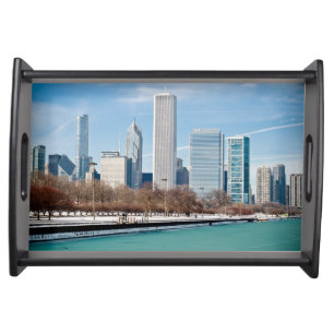 Chicago skyline across frozen Lake Michigan Serving Tray