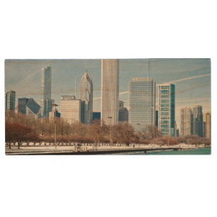 Chicago skyline across frozen Lake Michigan Wood USB Flash Drive