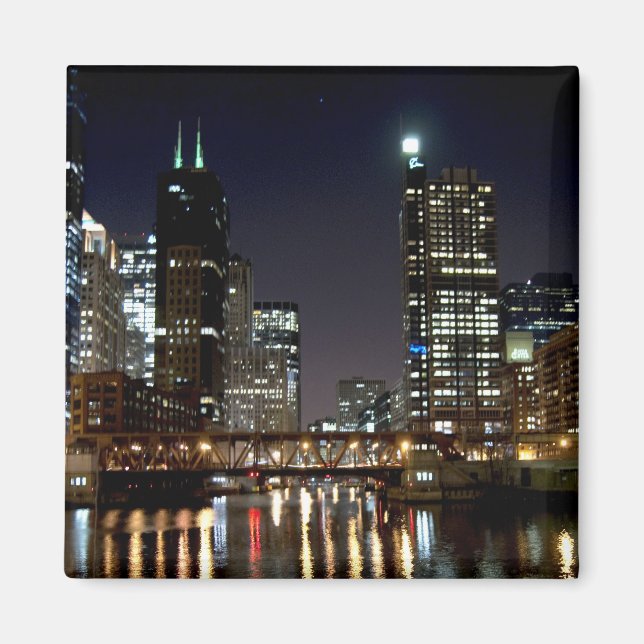 Chicago Skyline and Bridge at Night Magnet (Front)