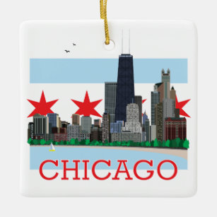 Chicago Skyline and City Flag Ceramic Ornament