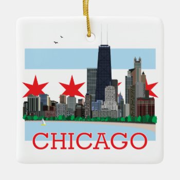 Chicago Skyline And City Flag Ceramic Ornament by judgeart at Zazzle