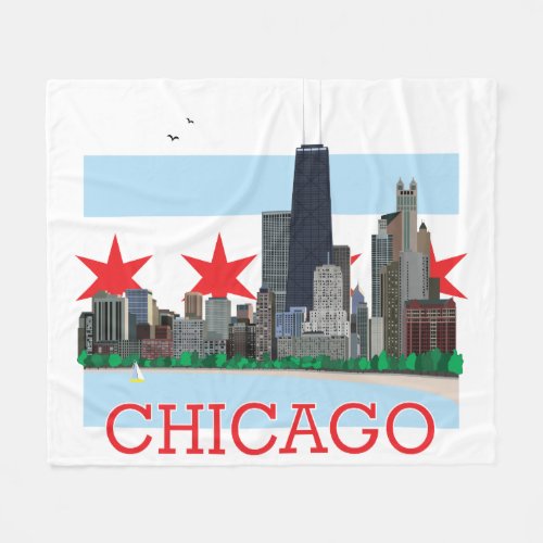 Chicago Skyline and City Flag Fleece Blanket