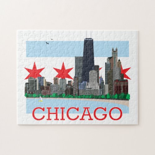 Chicago Skyline and City Flag Jigsaw Puzzle