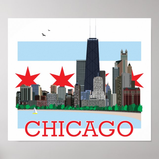 Chicago Skyline and City Flag Poster (Front)