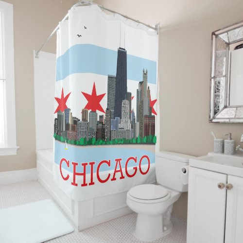 Chicago Skyline and City Flag Shower Curtain