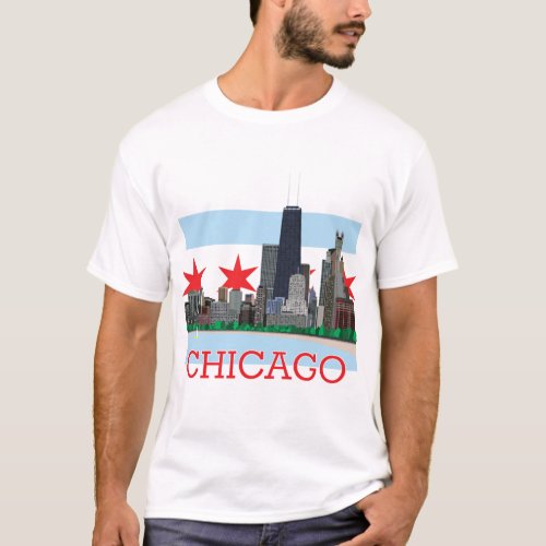 Chicago Skyline and City Flag T_Shirt