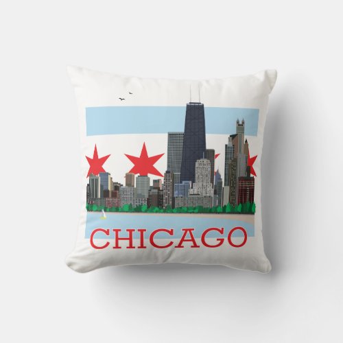 Chicago Skyline and City Flag Throw Pillow