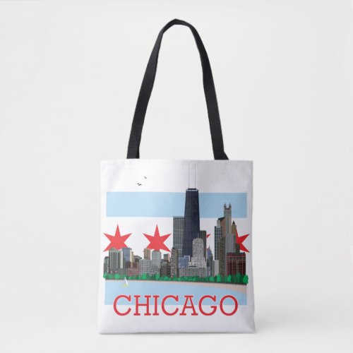 Chicago Skyline and City Flag Tote Bag