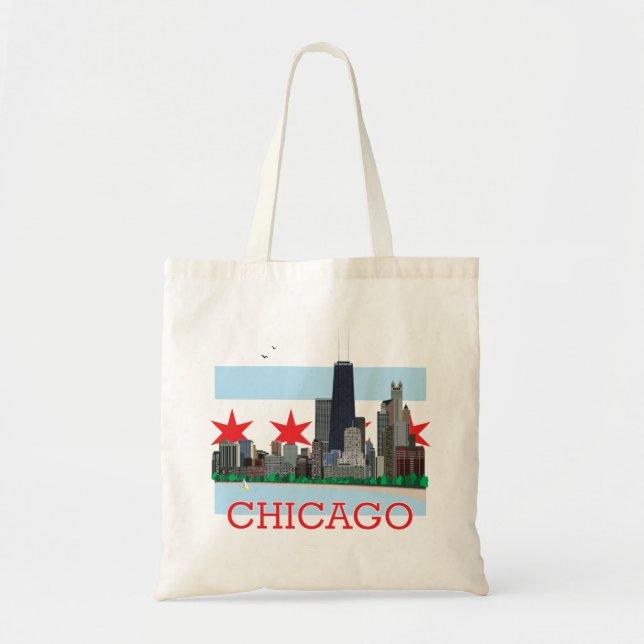 Chicago Skyline and City Flag Tote Bag (Front)