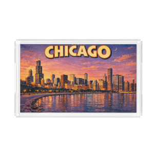 Chicago skyline and Lake Michigan in the evening Acrylic Tray