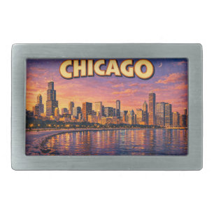 Chicago skyline and Lake Michigan in the evening Belt Buckle