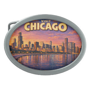 Chicago skyline and Lake Michigan in the evening Belt Buckle