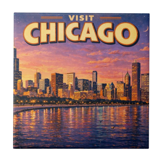 Chicago skyline and Lake Michigan in the evening Ceramic Tile (Front)