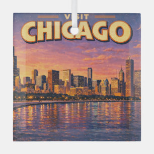 Chicago skyline and Lake Michigan in the evening Glass Ornament