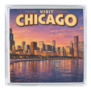 Chicago skyline and Lake Michigan in the evening Silver Finish Lapel Pin