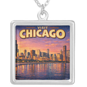 Chicago skyline and Lake Michigan in the evening Silver Plated Necklace