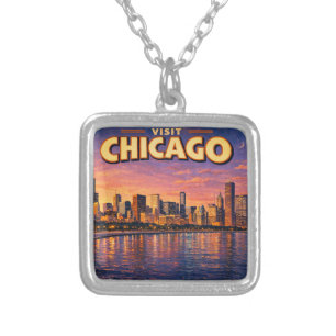 Chicago skyline and Lake Michigan in the evening Silver Plated Necklace