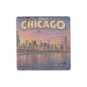 Chicago skyline and Lake Michigan in the evening Stone Magnet