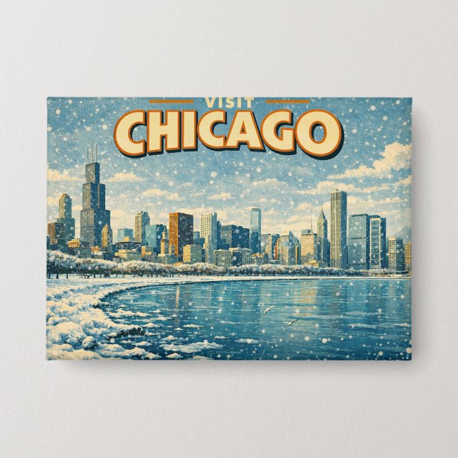 Chicago skyline and Lake Michigan in winter  Button (Front)