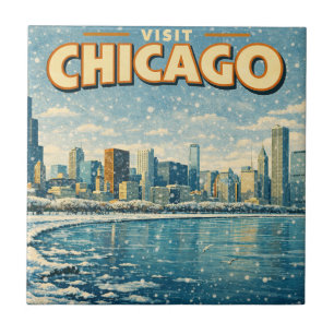 Chicago skyline and Lake Michigan in winter Ceramic Tile