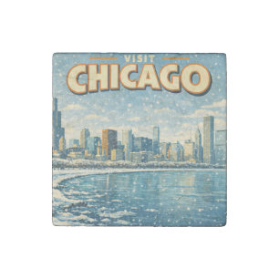 Chicago skyline and Lake Michigan in winter  Stone Magnet