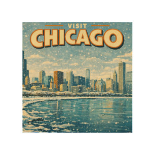 Chicago skyline and Lake Michigan in winter Wood Wall Art